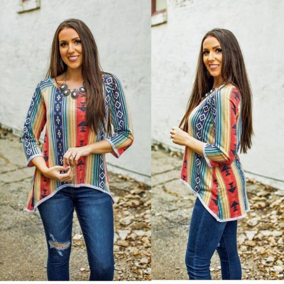 L & B Tops - Aztec Print Asymmetric Hem Top